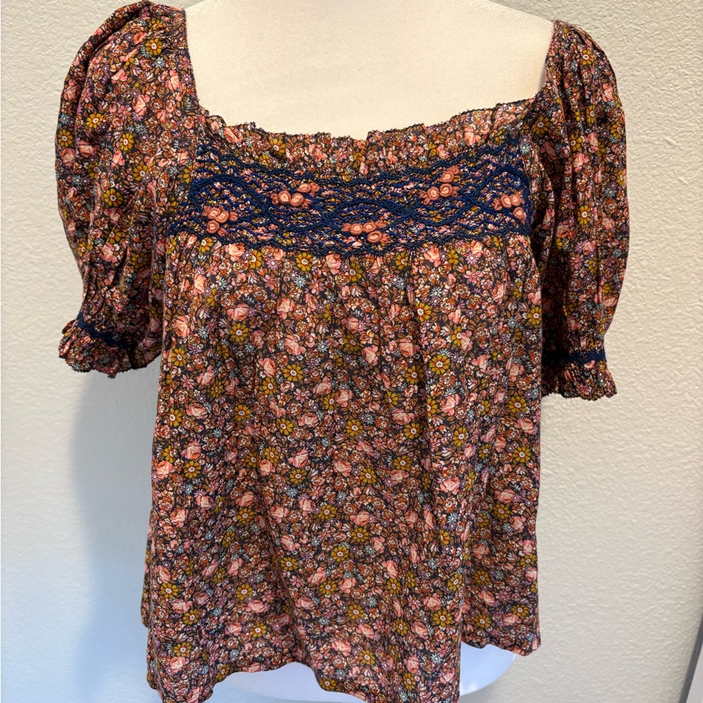 Doen Floral Blouse with Navy Smocking and Pink Rosettes